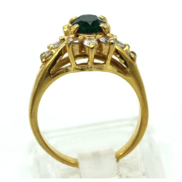 GOLD ELECTROPLATED & emerald green, clear CZ's cluster ring, sz 8 designer sign - Picture 4 of 7